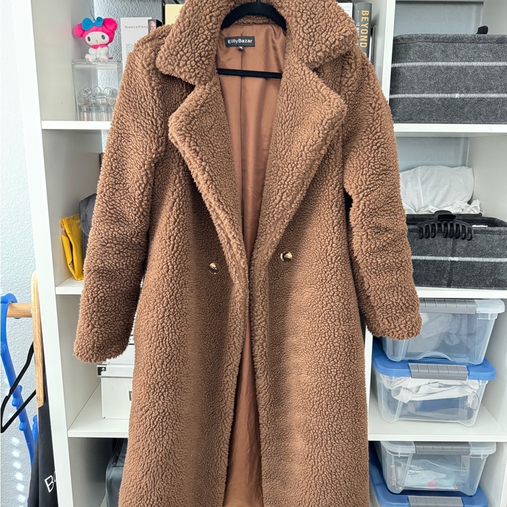 Brown Teddy Jacket with Plush Texture and Notched Lapels
